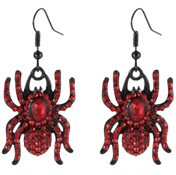 Black Tarantula Spider Charm Earrings Ruby Red Rhinestone Goth Crystal Spiders - Picture 3 of 3